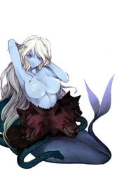 arm_behind_head armpits blue_skin breasts collarbone conjoined female hair highres kurokuro large_breasts long_hair mermaid monster_girl multi_eye multi_head nipples nude original purple_eyes red_eyes scylla sharp_teeth simple_background slit_pupils snake solo tail very_long_hair white_hair wolf