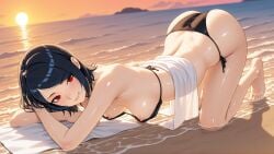 1girl 1girls female female_only pussy tits_out nipples pink_nipples bra garter_straps solo horny laying_down seductive lewd looking_at_viewer beach sunset water ocean dominant ass boobs booty ai_generated thong sarada_uchiha naruto_(series) animated anime