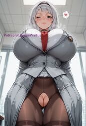 stable_diffusion ai_generated hi_res high_resolution highres shiny_skin alternate_body_type alternate_breast_size curvaceous curves curvy curvy_body curvy_figure voluptuous glossy glossy_body leaguewaifus anna_nishikinomiya shimoneta_to_iu_gainen_ga_sonzai_shinai_taikutsu_na_sekai 1girl breasts solo pussy pantyhose looking_at_viewer smile heart huge_breasts blush indoors spoken_heart ass_visible_through_thighs grey_hair red_necktie skirt necktie closed_mouth from_below shirt hairband white_shirt choker grey_jacket crotchless standing blue_eyes short_hair thighs cleft_of_venus long_sleeves brown_pantyhose jacket no_panties crotchless_pantyhose torn_clothes torn_pantyhose window thigh_gap black_pantyhose black_hairband white_hair crotch_cutout green_eyes uncensored blunt_bangs medium_hair thighband_pantyhose lips thick_thighs arms_behind_back thunder_thighs wide_hips child_bearing_hips big_thighs skull_crushing_thighs large_thighs skin_gloss