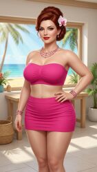 ai_generated auburn_hair beach bracelet cleavage earrings eyelashes female flower_in_hair gemini hair_bun hair_strand hand_on_hip hourglass_figure light-skinned_female lipstick looking_at_viewer medium_breasts midriff milf miniskirt necklace ocean ocean_background one_hand_on_hip palm_tree pink_clothing potted_plant realistic rgomez007 seductive_look self_upload semirealistic slight_smile solo_female standing tropical tubetop updo wide_hips