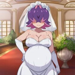 1girls aged_up aged_up_female ai_generated big_belly blush bride bride_veil busty busty_female dot_(pokemon) female female_only lazybonesai pokemon pokemon_(anime) pokemon_horizons pregnant pregnant_belly pregnant_bride pregnant_female purple_hair purple_hair_female solo wedding_dress