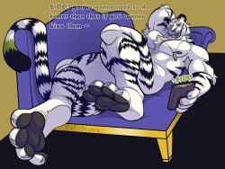 absurd_res alert anthro chaise_lounge electronics feet_worship felid fetishame financial_domination hi_res male mammal nude pantherine paws payment phone solo text tiger