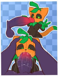 2024 absurd_res ambiguous_gender ambiguous_penetrated anthro anthro_on_anthro anthro_penetrated anthro_penetrating anthro_penetrating_anthro balls big_penis blue_background blush bodily_fluids body_blush checkered checkered_background clothing crotch_tuft defunctumbra duo felid feline fellatio food for_a_head fruit genital_fluids genitals gesture green_eyes green_tongue hand_gesture hi_res huge_penis kissing leaking_precum legwear male male/ambiguous male_penetrating male_penetrating_ambiguous mammal narrowed_eyes navel nude nude_anthro nude_female object_head oral orange_body outline pattern_background penetration penile penis penis_blush penis_kissing plant precum pumkat pumpkin purple_balls purple_body purple_penis sex simple_background size_difference tears thick_thighs thigh_highs throbbing thrusting tongue tuft v_sign vein veiny_penis white_outline