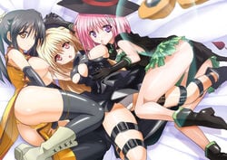 black_gloves black_hair black_legwear blonde_hair breasts brown_eyes cameltoe female gloves hair_ornament halloween hat konjiki_no_yami kotegawa_yui kujou_rin lala_satalin_deviluke legs licking long_hair lying momo_velia_deviluke multiple_girls nipples no_panties open_mouth panties ponytail purple_eyes pussy_juice red_eyes shiny shiny_clothes strap tail tanaka_hitoriaruki thigh_strap thighhighs tied_hair to_love-ru to_love-ru_darkness torn_clothes twintails underwear upskirt wet_panties white_panties yellow_panties yuri