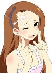 1girls brown_eyes brown_hair collarbone cum cum_on_face cum_on_hair dress eye_contact facial female female_only hairband half-closed_eyes idolmaster long_hair looking_at_viewer minase_iori nekokan_(cat's_cradle) open_mouth small_breasts smile solo wet wink