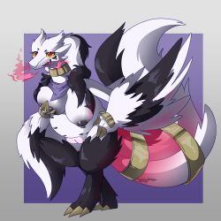 1:1 2025 8_nipples accessory anthro areola big_areola big_breasts big_pussy biped black_areola black_body black_fur black_hair black_nipples black_tail black_wings breasts clothing collar eyelashes fangs female fur fur_markings furgonomics generation_5_pokemon golden_claws golden_clothing gradient_tail hair hi_res holding_breast jewelry kerchief legendary_pokemon markings motherlatias multi_nipple multicolored_body multicolored_fur multicolored_hair nintendo nipples open_mouth open_smile pokemon pokemon_(species) purple_clothing purple_kerchief red_eyes red_tail reshiram ring smile solo tail tail_accessory tail_jewelry tail_markings tail_ring teeth tongue two_tone_body two_tone_fur two_tone_hair two_tone_tail two_tone_wings white_body white_ears white_fur white_hair white_tail white_wings wings yellow_sclera