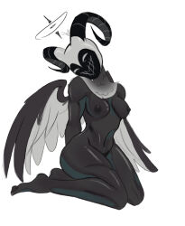 angel angel_humanoid black_body breasts empty_eyes exorcist_(hazbin_hotel) feathered_wings feathers female genitals halo hazbin_hotel hellaverse hi_res horn humanoid nipples noenugget open_mouth open_smile simple_background smile solo thick_thighs third-party_edit white_body wings