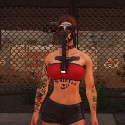 1girls 3d absurd_res arm_tattoos black_shorts brown_hair_female collar cropped cropped_image denim_shorts filter game_screenshot gas_mask jean_shorts leaning_hips leaning_to_the_side low_resolution lowres masked_female mature_woman multiple_tattoos navel red_tubetop saints_row saints_row_the_third shogunxdd short_hair_female source_request tattoos the_boss_(shogun) tomboy tubetop unbothered