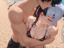 ai_generated bikini hugging_from_behind lacrimosa_(neverness_to_everness) navel neverness_to_everness