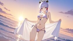 1girl ai_generated animated anime ass beach blush boobs breasts cheeks female female_only fuckable_butt genshin_impact high_resolution highres horny hoyoverse kamisato_ayaka light_skin naked nipples no_bra no_panties ocean palm_tree pink_hair pink_nipples pussy revealing revealing_clothes seaside slim sunset tits