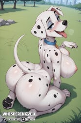101_dalmatians 1girls adult adult_female ai_generated anthro anthrofied ass beautiful big_ass big_breasts blue_eyes blush breasts breath breath_cloud canid canine canis city city_background cityscape collar dalmatian day daytime deviantart dialogue_in_description disney dog dog_girl domestic_dog ears hand_up kneeling looking_at_viewer looking_back mature_female milf mother naked naked_female nipples nude nude_female on_ground on_knees one_hand_up open_mouth open_smile outdoors outside park perdita sexy smile smiling smiling_at_viewer spotted_body spotted_fur spotted_markings sweat sweatdrop sweating tail tail_motion tailwag thick_thighs tongue tongue_out whisperingveil white_body white_fur