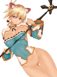 1girls animal_ears blonde_hair bottomless breasts cat_ears fantasy_earth_zero highres pussy red_eyes short_hair staff toshi_makoto uncensored