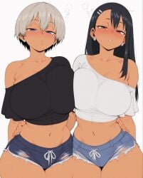 2girls ai_generated black_hair blue_eyes blush breasts brown_eyes crop_top denim_shorts earrings fit fit_female hand_on_waist hayase_nagatoro ironart large_breasts looking_at_viewer navel please_don't_bully_me,_nagatoro short_hair shorts tagme thick_thighs thunder_thighs touching_breast uzaki-chan_wa_asobitai! uzaki_hana voluptuous white_hair wide_hips