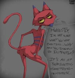 3_toes 4_fingers absurd_res anthro butt cartoon_network courage_the_cowardly_dog domestic_cat feet felid feline felis fingers fur hi_res katz_(courage_the_cowardly_dog) leaning leaning_forward male mammal nude presenting presenting_hindquarters purple_nose purple_stripes red_body red_fur simple_background skinny skunk_bunk solo standing stripes suggestive_dialogue suggestive_pose text thought_bubble toes watermark