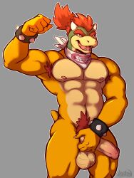 1boy abs absurd_res aged_up anthro armpit_hair artejaxton balls biceps body_hair bowser_jr. digital_media_(artwork) erection genitals hair hand_on_penis hi_res horns humanoid_genitalia humanoid_penis kerchief kerchief_only koopa looking_at_viewer male male_nipples male_only mario_(series) muscular muscular_anthro muscular_male nintendo nipples non-mammal_balls non-mammal_nipples nude open_mouth pecs penis pubes red_hair reptile scalie simple_background smile solo standing tail teeth tongue yellow_skin
