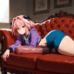 1boy ai_generated astolfo_(fate) big_balls couch crop_top cropped_jacket equine_penis expressionless fate/apocrypha fate/grand_order fate_(series) femboy horsecock horsecock_on_humanoid huge_cock hung_trap hyper_penis light-skinned_male lying lying_on_stomach male male_only penis shorts silut solo thick_penis thick_thighs trap wide_hips