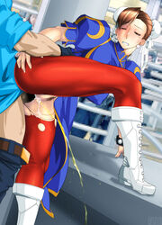 absurdres anal arikawa ass ass_grab bent_over blush boots breasts brown_eyes brown_hair censored china_dress chinese_clothes chun-li clothed_sex cum cum_in_pussy double_bun earrings erect_nipples feet female highres large_breasts legs looking_back mosaic_censoring no_panties one_eye_closed pants_down pantyhose parted_lips partial_male peeing penis pubic_hair puffy_nipples puffy_sleeves pussy sex solo_focus spiked_bracelet spikes standing street_fighter thighs torn_clothes vaginal_penetration