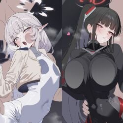 0haribo0 2boys 2girls against_glass black_bodysuit black_hair black_halo blue_archive bodysuit breast_press breasts breasts_on_glass bright_pupils brown_jacket censored cheek_on_glass cleft_of_venus clothed_female_nude_male commentary_request covered_navel cropped_jacket earclip faceless faceless_male grabbing_another's_ass grey_hair groping halo hand_on_glass heart heavy_breathing hetero himari_(armed)_(blue_archive) himari_(blue_archive) impossible_bodysuit impossible_clothes jacket large_breasts latex latex_bodysuit long_hair looking_at_viewer mole mole_under_eye mons_pubis mosaic_censoring multicolored_halo multiple_boys multiple_girls nude official_alternate_costume official_alternate_hairstyle open_clothes open_jacket open_mouth pointy_ears ponytail purple_eyes pussy pussy_cutout pussy_juice pussy_juice_trail red_eyes ringed_eyes rio_(armed)_(blue_archive) rio_(blue_archive) sex sex_from_behind small_breasts sweat teeth torn_bodysuit torn_clothes tsurime upper_teeth_only very_long_hair white_bodysuit white_halo white_pupils wide_hips