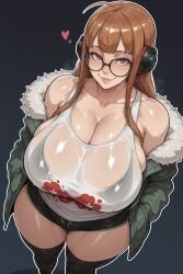 1girls aged_up ai_generated alternate_body_type atlus big_breasts boots booty_shorts bra cleavage curvaceous curvy_female eyes female female_only glasses hands_in_pockets headphones heart_symbol hourglass_figure kneesocks large_breasts light-skinned_female light_skin long_hair looking_at_viewer orange_hair persona persona_5 red_eyes sakura_futaba see-through_clothing see-through_shirt short_shorts smiling smiling_at_viewer sweating thick thick_thighs voluptuous voluptuous_female wide_hips yashugai zettai_ryouiki