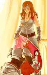 armor beatrix_(final_fantasy) belt blue_eyes brown_hair cunnilingus curly_hair eclair_farron eye_patch female final_fantasy final_fantasy_ix final_fantasy_xiii final_fantasy_xiii-2 gauntlets hair hand_on_head high_resolution legwear multiple_girls oral pantyhose pink_hair yuri