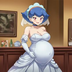 aged_up aged_up_character ai_generated blue_hair blue_hair_female holding_pregnant_belly lazybonesai miette_(pokemon) orange_eyes orange_eyes_female pokemon pokemon_xy pokemon_xy_(anime) pregnant pregnant_belly pregnant_female solo solo_female solo_focus wedding_dress bride bride_veil