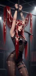 1girls ai_generated armpits bondage breasts chains clothed_female cum cum_drip cum_on_face cum_on_hair female_only goth goth_girl grok grok_(x) hair_bondage hair_fetish hands_tied_above_head indoors large_breasts lighting metal_rod microphone microphone_stand red_hair red_lips solo_female tagme tattoo torn_pantyhose very_long_hair