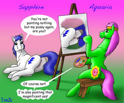 anus aquaria_(oc) ass dialogue english_text equine female horse my_little_pony on_side painting pony pussy sapphire_(oc) sitting smooth_skin tail tanamin text thinking