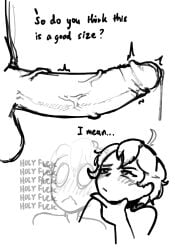 2boys aroused big_penis black_and_white blush cock cock_shock cum english english_text erection femboy gay hard_cock imminent_sex large_penis male male/male male_only oc penis penis_awe sketch thoughts uncut veiny_penis vissentia yaoi