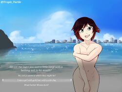 rwby tropic_turtle ruby_rose 1girls solo_female nude_female breasts covering covering_breasts covering_crotch black_hair black_hair_female red_highlights silver_eyes dialogue dialogue_options beach ocean