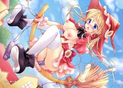 1girls anal anal_beads anal_dildo ass blonde_hair blue_eyes blush boots bottomless_skirt breasts breasts_out broom broom_riding broomstick censored color_gap crease dildo dildo_broom female female_only flying gloves hat highres hotei_kazuha human large_breasts long_hair masturbation nipples no_bra no_panties open_mouth pale_skin pussy pussy_juice skirt skirt_lift sky solo thighhighs upskirt vaginal_insertion vibrator white_legwear witch witch_hat