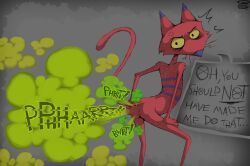 3_toes 4_fingers absurd_res anthro butt cartoon_network courage_the_cowardly_dog dialogue domestic_cat fart fart_cloud fart_fetish farting_at_viewer feet felid feline felis fingers fur hi_res katz_(courage_the_cowardly_dog) leaning leaning_forward male mammal nude purple_nose purple_stripes red_body red_fur simple_background skinny skunk_bunk solo standing stripes suggestive_dialogue suggestive_pose text toes watermark
