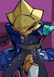 brawl_stars sirius_(brawl_stars) masked_male mask larry_(brawl_stars) lawrie_(brawl_stars) threesome bdsm tied_up black_skin ripped_pants headwear cape cum cum_outside cum_on_face cum_on_body robot_boy robot_penis yaoi male_only male/male stepped_on stepping_on_penis color blushing tongue_out shame glove rope red_eyes artist_name star male holding_penis boot patreon_username cum_drip tear sweat cum_on_tongue chair