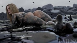 1female 1girls 3d 3d_(artwork) ass ass_focus barefoot batesz big_ass blender blender_(software) blonde_hair celebrity death_stranding death_stranding_2:_on_the_beach elle_fanning feet female female_only foot_fetish green_eyes long_hair nude nude_female shaved_pussy small_breasts solo thick_thighs tomorrow_(death_stranding)