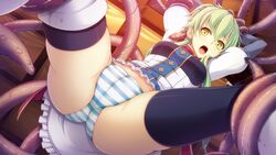 arms_up cameltoe game_cg green_hair imminent_rape panties restrained spread_legs striped striped_panties tel-o tentacle tentacle_lord thighhighs underwear