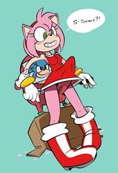 amy_rose anthro boots clothing color dress echidna female furry furry_only green_eyes hedgehog knuckles_the_echidna larger_female male meme outercourse p33ls sega short_hair simple_background skirt smaller_male sonic_(series) standing straight thigh_sex ugandan_knuckles uncensored