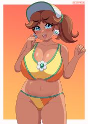 1girls big_breasts blue_eyes bottomwear breasts brown_hair ear_piercing earrings female female_only flower_earrings hair hat headwear huge_breasts mario_(series) mario_kart mario_kart_world nintendo official_alternate_costume princess_daisy princess_daisy_(swimwear) smile solo solo_female swimwear thighs topwear freckles freckles_on_face bluefrok tied_hair ponytail visor