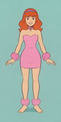 1girls 2d ai_generated ankle_cuffs collar daphne_blake minidress pet_collar pink_dress scooby-doo standing strapless strapless_dress wrist_cuffs