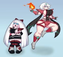 panty_&_stocking_with_garterbelt stocking_anarchy xenoblade_(series) xenoblade_chronicles_2 nintendo monolith_soft pyra pyra_(xenoblade) fuzzycapsule08 ftrashpickle commission 2026 tuffle tuffleization transformation no_pupils blue_eyes white_hair 2girls female female_only duo crossover multiple_girls blue_background fire bangs open_mouth tongue bow shoulder_pads sideboob breasts big_breasts large_breasts huge_breasts clothing clothed navel wide_hips thick_thighs thighs stockings boots long_hair short_hair skin_tight tight_clothing armor armored_female hand_on_hip laugh laughing pale_skin pale-skinned_female light_skin light-skinned_female skirt black_skirt black_armor shorts short_shorts booty_shorts full_body earrings jewelry shiny_skin shiny_breasts shiny_thighs shiny_body busty busty_female fusion fusion_character humanoid female_humanoid humanoid_female midriff looking_at_viewer front_view pants red_pants red_shorts crop_top black_crop_top detached_sleeves