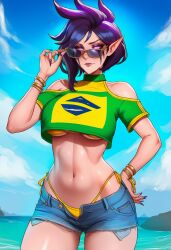 1girls adjusting_eyewear ai ai_assisted ai_generated beach bikini bikini_bottom bikini_top brazil brazil_shirt brazilian_flag crop_top goth goth_girl jean_shorts league_of_legends looking_over_eyewear looking_over_sunglasses morgana prussia123 purple_eyes purple_hair sexy_body sexy_clothing sexy_female shorts solo solo_female sunglasses sunny tinted_eyewear