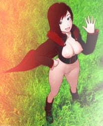 1girls 3d_(artwork) breasts cape female female_only grass light-skinned_female light_skin luminaryofages nipples ruby_rose rwby