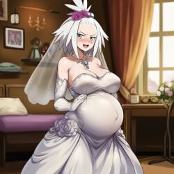 1girls aged_up ai_generated blue_eyes blush blushing blushing_at_viewer bride bride_veil female female_only freckles gym_leader lazybonesai looking_at_viewer pokemon pregnant pregnant_female roxie_(pokemon) solo wedding_dress white-haired_female