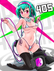 1girl 405nm beatmania_iidx cameltoe closed_mouth medium_breasts micro_bikini mv_character smile solo spotlight thighhighs wires