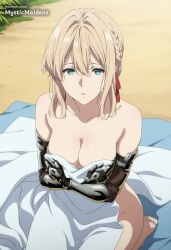 1girl breasts solo blue_eyes blonde_hair braid covering_privates looking_at_viewer prosthesis hair_intakes sitting cleavage hair_between_eyes collarbone red_ribbon nude seiza towel hair_ribbon barefoot ribbon prosthetic_arm covering_breasts outdoors nude_cover parted_lips blanket mechanical_arms medium_breasts mechanical_hands short_hair french_braid completely_nude medium_hair artist_name large_breasts ai_generated anime anime_style hentai hi_res mystic_maidens patreon violet_evergarden_(character) violet_evergarden violet_evergarden_(series)