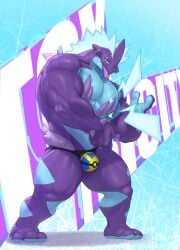 1boy 1male 3_fingers abstract_background air_guitar anthro_male blue_body blue_markings eyebrow_piercing fishingmanmax frog_humanoid gen_8_pokemon generation_8_pokemon humanoid humanoid_male looking_at_viewer looking_down looking_down_at_viewer male male_anthro male_humanoid mohawk_(hairstyle) muscular muscular_anthro muscular_male name_in_background nipple_piercing nipple_ring nipples piercing piercing_eyebrows piercings pokeball_print pokemon_ss posing posing_for_the_viewer purple_body quick_ball rocker solo solo_anthro solo_male spiked_body spikes spikes_(anatomy) text_background text_in_background thong thong_underwear three_fingers tongue tongue_out toxtricity toxtricity_(low_key)
