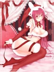 1girls animal_ears bell bow breasts bunny_ears bunny_girl cameltoe christmas condom condom_in_mouth detached_sleeves di_gi_charat dice female female_only glasses hat huge_breasts human jingle_bell large_breasts light-skinned_female light_skin long_hair mouth_hold nipple_slip nipples pink_eyes pink_hair pink_panties rara419 red-framed_glasses red_eyes red_legwear red_thighhighs ribbon santa_hat solo thighhighs twintails usada_hikaru very_long_hair