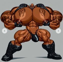 civitai ai_generated garrosh_hellscream world_of_warcraft bara hyper hyper_muscles leather leather_clothing male male_only solo pecs big_pecs muscular_male muscular muscles nipples nipple_play bulge boots orc harness tattoo tattooed_arm tattoo_on_chest tattoo_on_arm