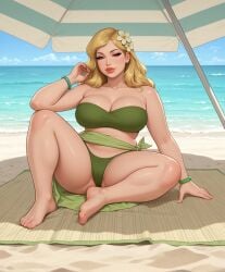 1girls adjusting_hair ai_assisted ai_generated alluring bandeau beach beach_mat beach_umbrella bikini blonde_hair bracelet brushing_hair bursting_breasts cameltoe cleavage eyelashes female flower_in_hair gemini green_bikini green_clothing hair_over_shoulder half-closed_eyes hand_in_hair hand_on_surface inviting large_breasts light-skinned_female lipstick long_hair looking_at_viewer loose_hair micro_bikini milf mommy ocean ocean_background relaxed revealing_clothes rgomez007 sarong sarong_lift seductive_look self_upload sitting sitting_on_mattress skindentation smiling_at_viewer solo_female stable_diffusion swimsuit teasing thick_eyelashes thick_lips thick_thighs voluptuous vulva_line warm_lighting