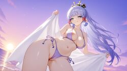 1girl ai_generated animated anime ass beach blush boobs breasts cheeks female female_only fuckable_butt genshin_impact high_resolution highres horny hoyoverse kamisato_ayaka light_skin naked nipples no_bra no_panties ocean palm_tree pink_hair pink_nipples pussy revealing revealing_clothes seaside slim sunset tits