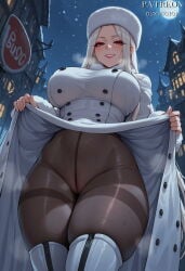 duxvector ai_generated irisviel_von_einzbern fate_(series) fate/grand_order fate/zero 1girl clothing female boots looking_at_viewer red_eyes breasts legwear night long_hair pantyhose solo thigh_boots white_hair thighs coat clothes_lift sweat large_breasts hat smile night_sky outdoors white_coat sky white_headwear blush lifted_by_self headwear moon thick_thighs thighband_pantyhose fur_hat white_footwear crotch_seam ushanka thighhighs fur_trim dress dress_lift long_sleeves artist_name public_indecency snowing makeup open_coat building cameltoe from_below buttons no_panties full_moon snow standing grin brown_pantyhose fur-trimmed_coat lips exhibitionism flashing very_long_hair zipper white_dress black_pantyhose breath fur-trimmed_sleeves teeth parted_lips star_(sky) parted_bangs steaming_body double-breasted zipper_pull_tab open_clothes skindentation