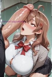stable_diffusion ai_generated hi_res high_resolution highres shiny_skin alternate_body_type alternate_breast_size curvaceous curves curvy curvy_body curvy_figure voluptuous glossy glossy_body leaguewaifus tokidoki_bosotto_russian_de_dereru_tonari_no_alya-san maria_mikhailovna_kujou 1girl breasts 1boy hetero penis looking_up brown_hair skirt ahoge hair_ornament shirt white_shirt open_mouth blush erection long_hair bow bowtie red_bow school_uniform pleated_skirt black_skirt uncensored brown_eyes jacket penis_awe testicles red_bowtie indoors solo_focus collared_shirt flower long_sleeves pants veins hair_flower veiny_penis large_breasts looking_at_penis black_pants penis_on_face tiles large_penis huge_breasts kneeling teeth open_clothes miniskirt dress_shirt precum squatting grey_jacket blazer tile_floor cleavage upper_teeth_only imminent_fellatio collarbone tongue button_gap hair_between_eyes open_jacket socks from_above belt sweat skin_gloss